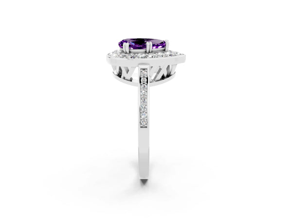 Platinum Pear Cut Amethyst Halo Ring with Split Shank and Four-Prong Setting