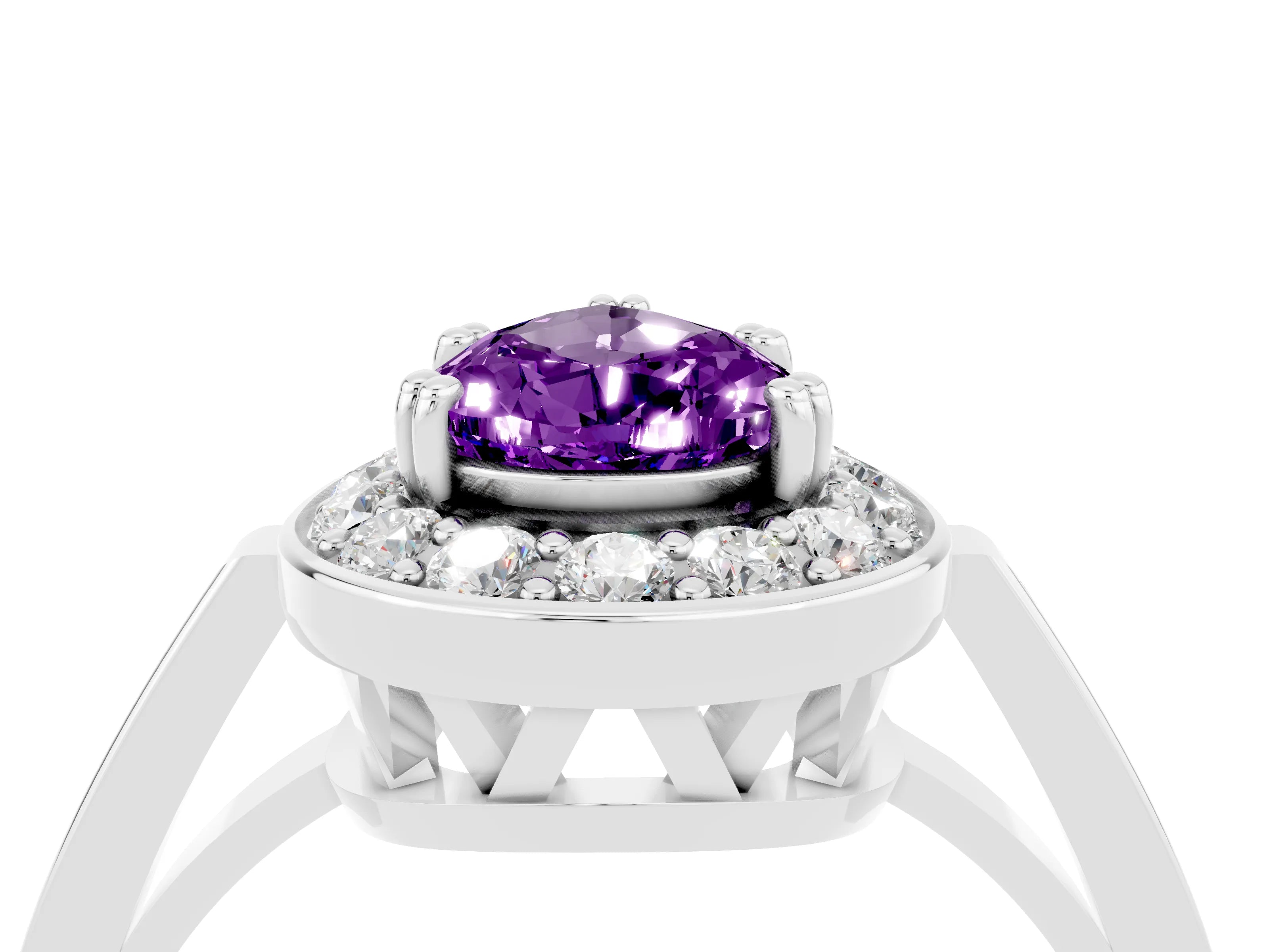 White gold Pear Cut Amethyst Halo Ring with Split Shank and Four-Prong Setting_4