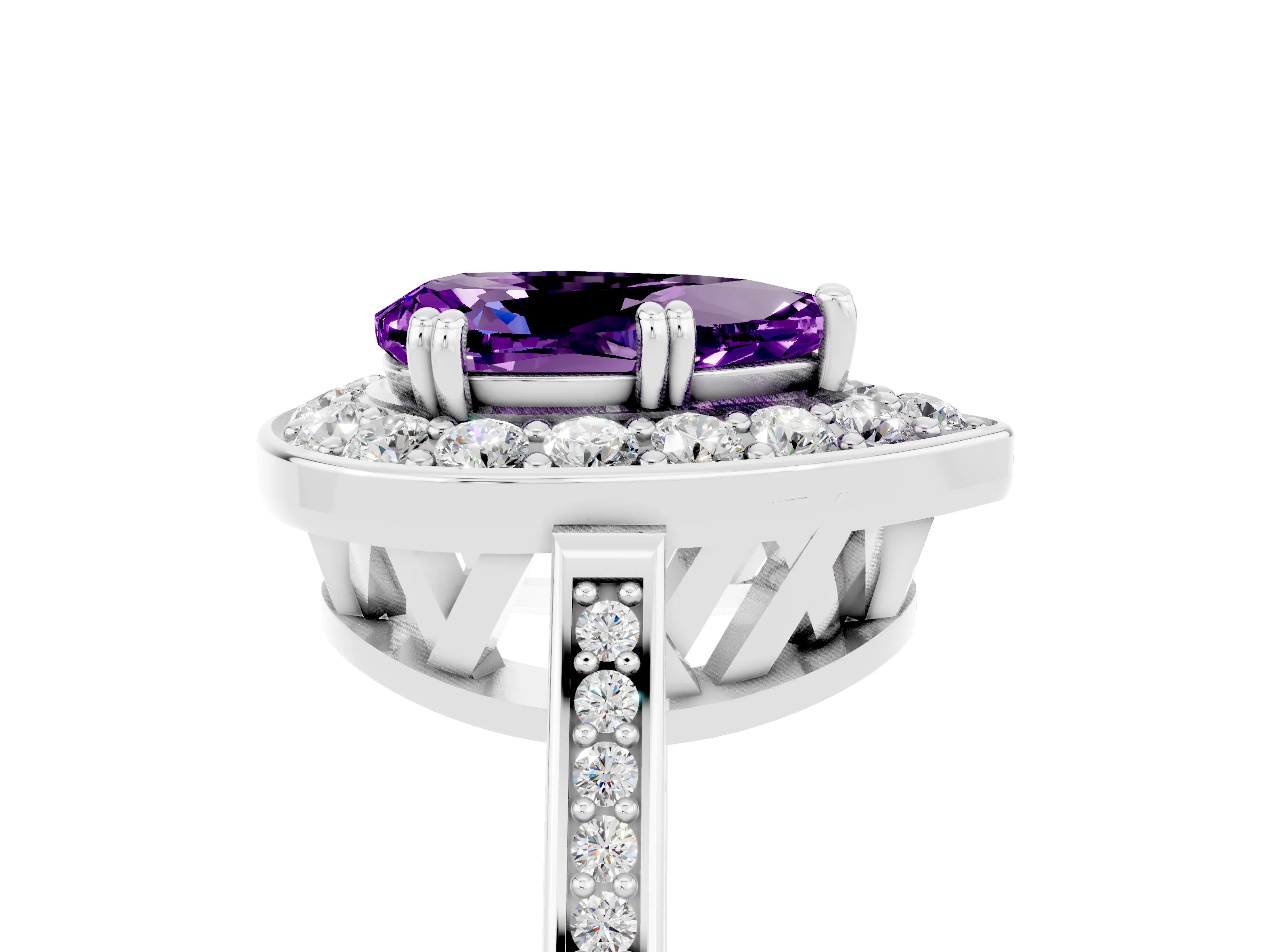 White gold Pear Cut Amethyst Halo Ring with Split Shank and Four-Prong Setting_5