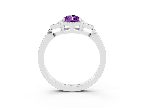 Platinum Pear Cut Amethyst Halo Ring with Tapered Band and Four-Prong Setting