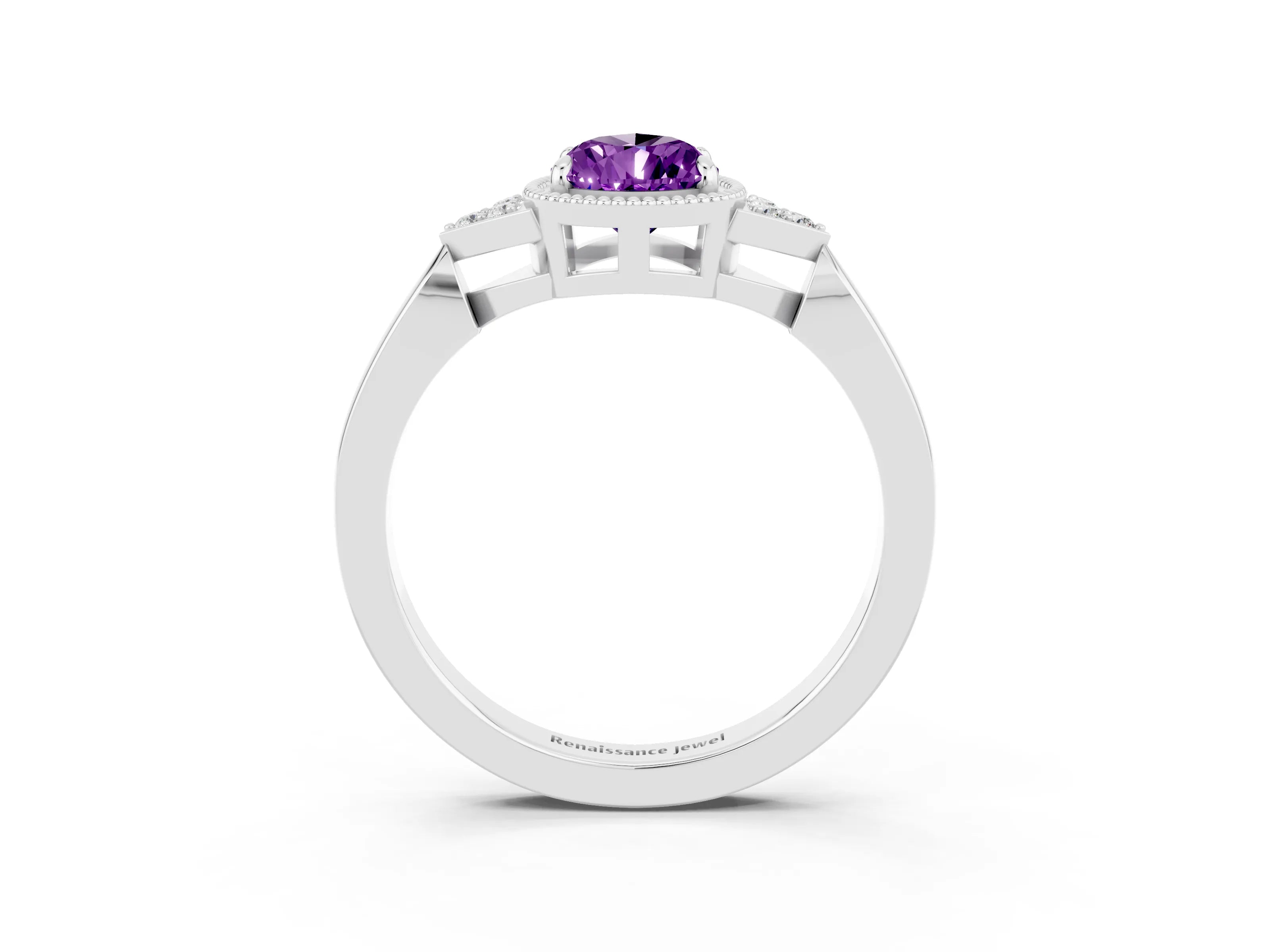 White gold Pear Cut Amethyst Halo Ring with Tapered Band and Four-Prong Setting_3