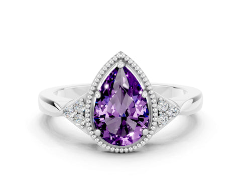 White gold Pear Cut Amethyst Halo Ring with Tapered Band and Four-Prong Setting