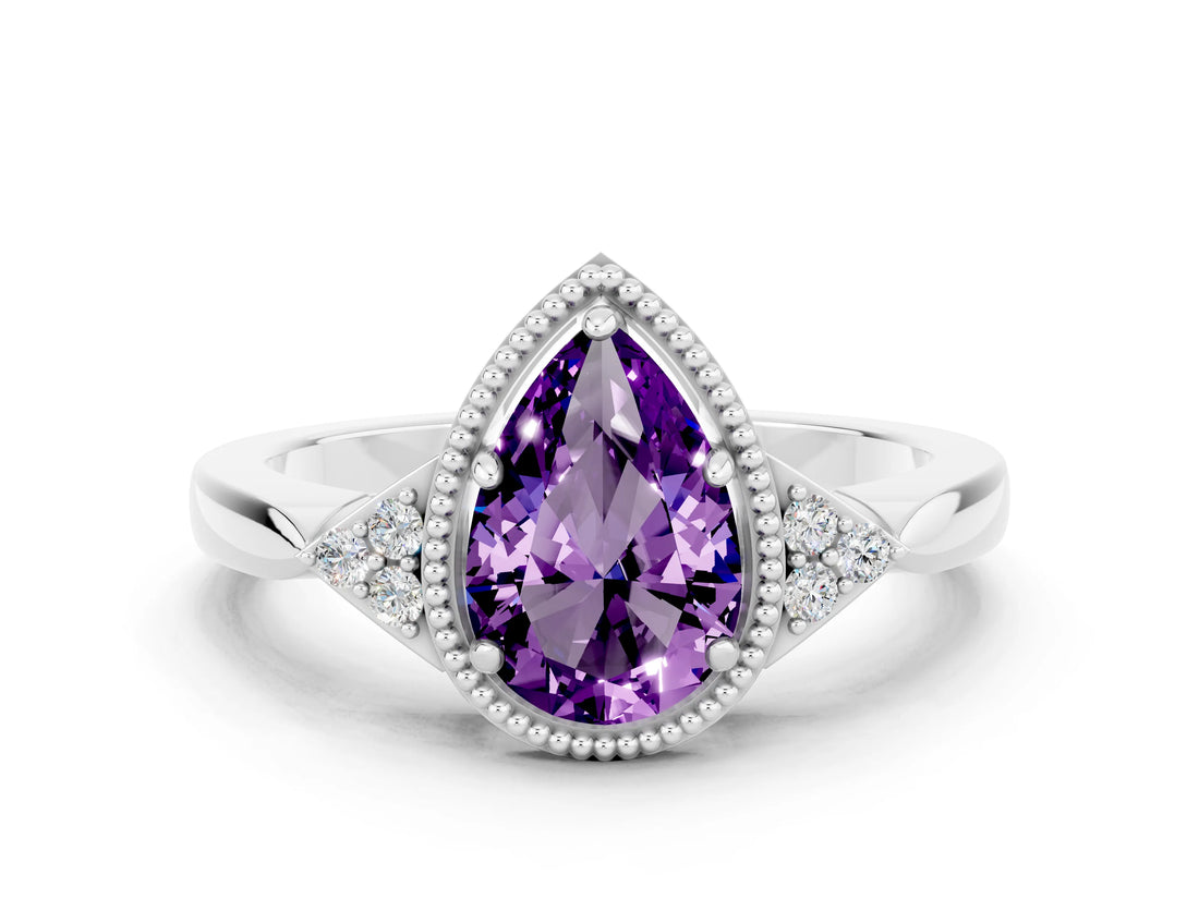 White gold Pear Cut Amethyst Halo Ring with Tapered Band and Four-Prong Setting