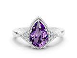 White gold Pear Cut Amethyst Halo Ring with Tapered Band and Four-Prong Setting