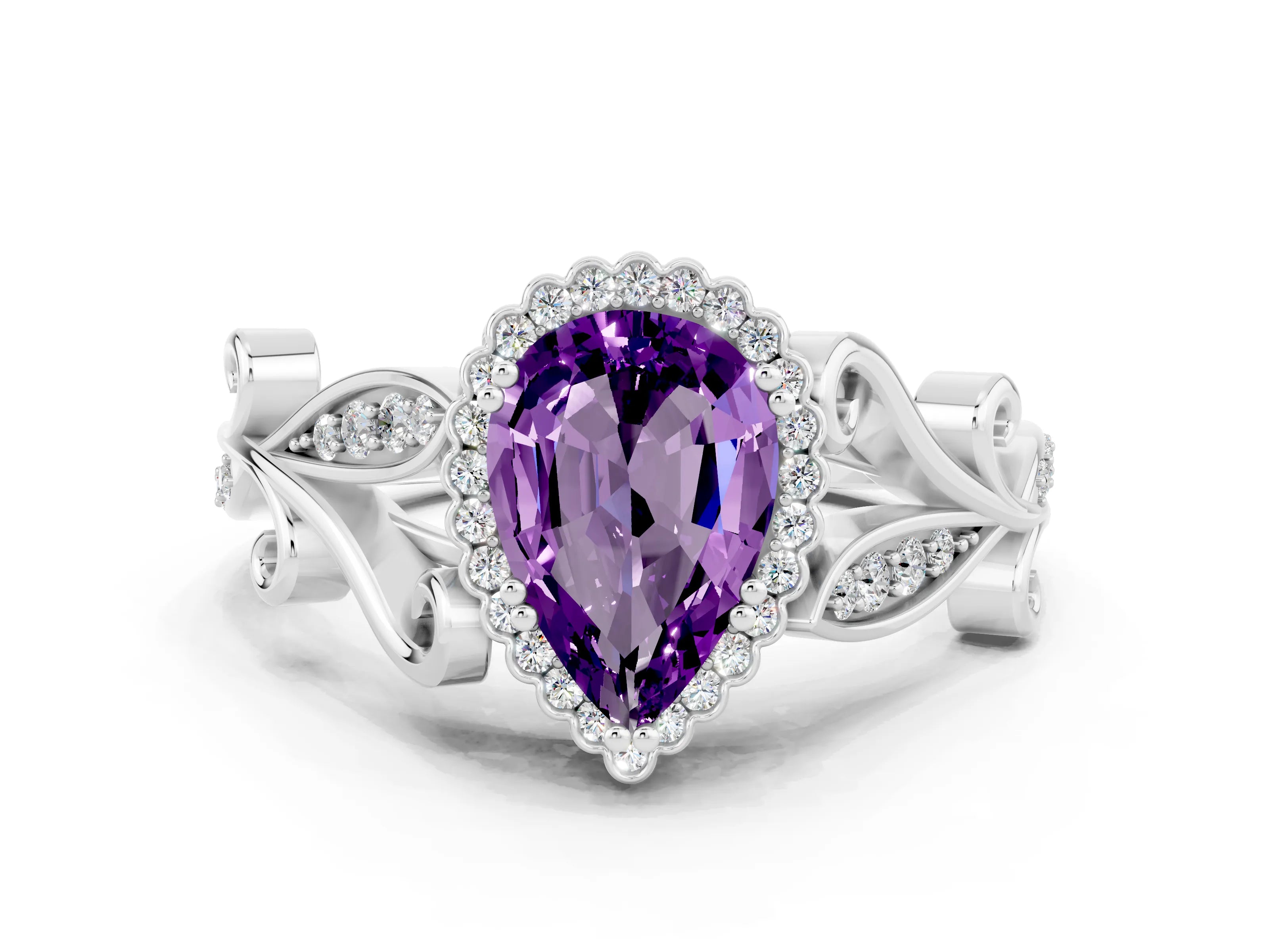 White gold Pear Cut Amethyst Halo Ring with Vintage Split Shank and Four-Prong Setting