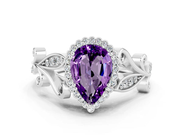 Platinum Pear Cut Amethyst Halo Ring with Vintage Split Shank and Four-Prong Setting