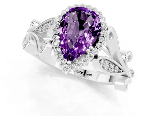 Platinum Pear Cut Amethyst Halo Ring with Vintage Split Shank and Four-Prong Setting