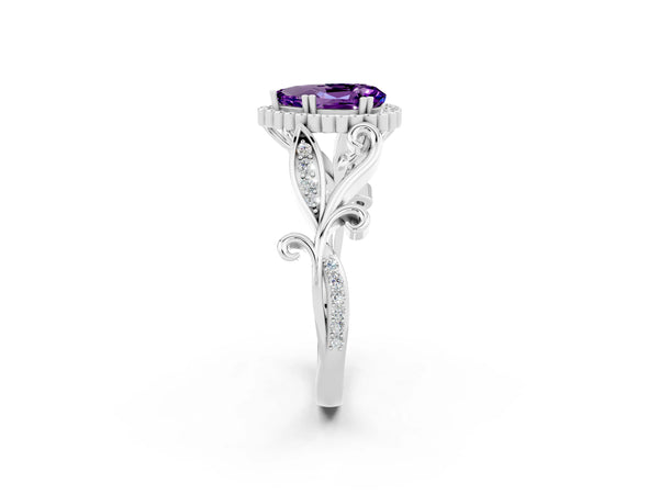 Platinum Pear Cut Amethyst Halo Ring with Vintage Split Shank and Four-Prong Setting