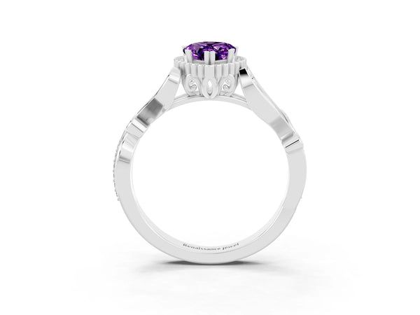 Platinum Pear Cut Amethyst Halo Ring with Vintage Split Shank and Four-Prong Setting