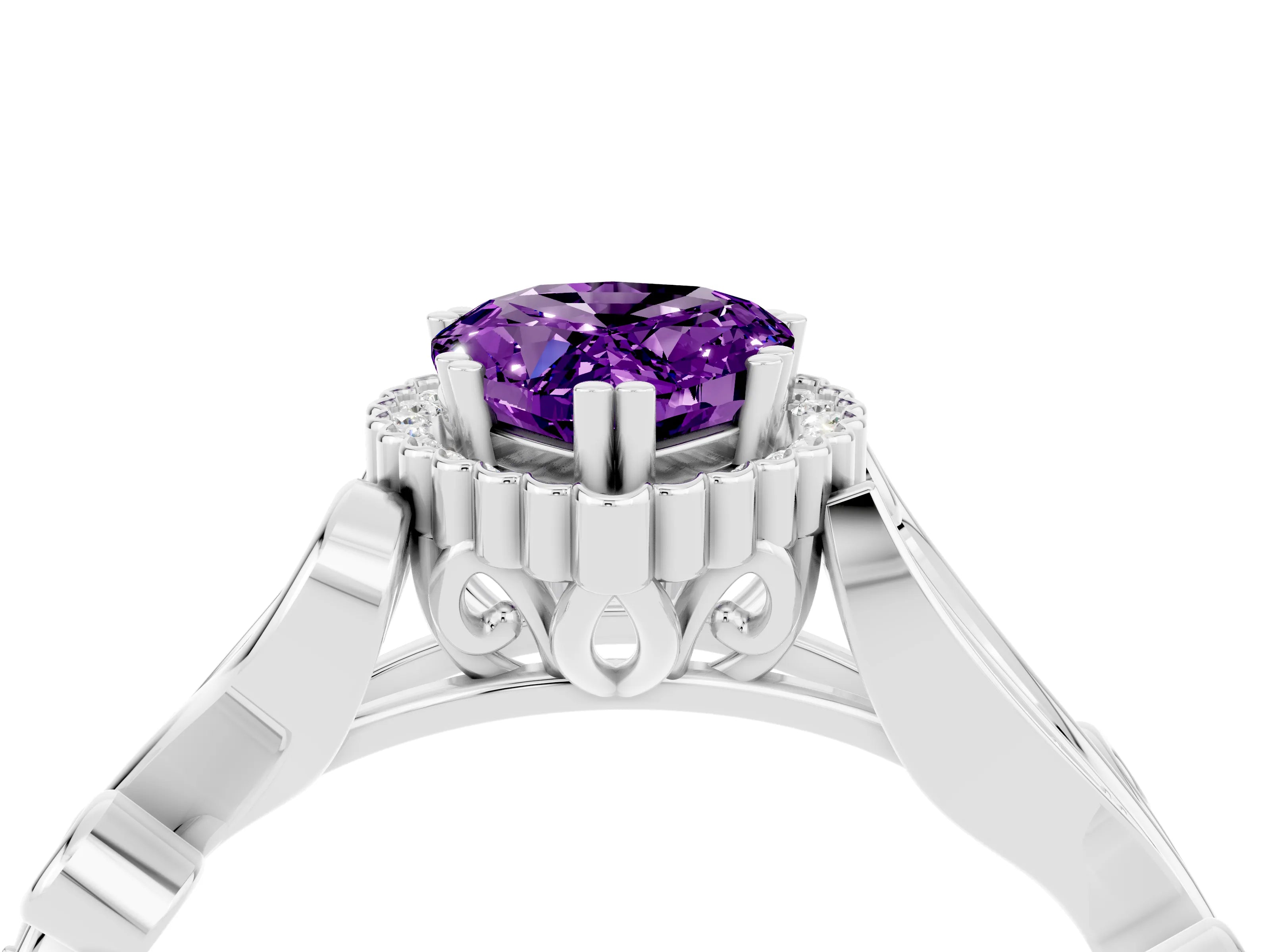 White gold Pear Cut Amethyst Halo Ring with Vintage Split Shank and Four-Prong Setting_4