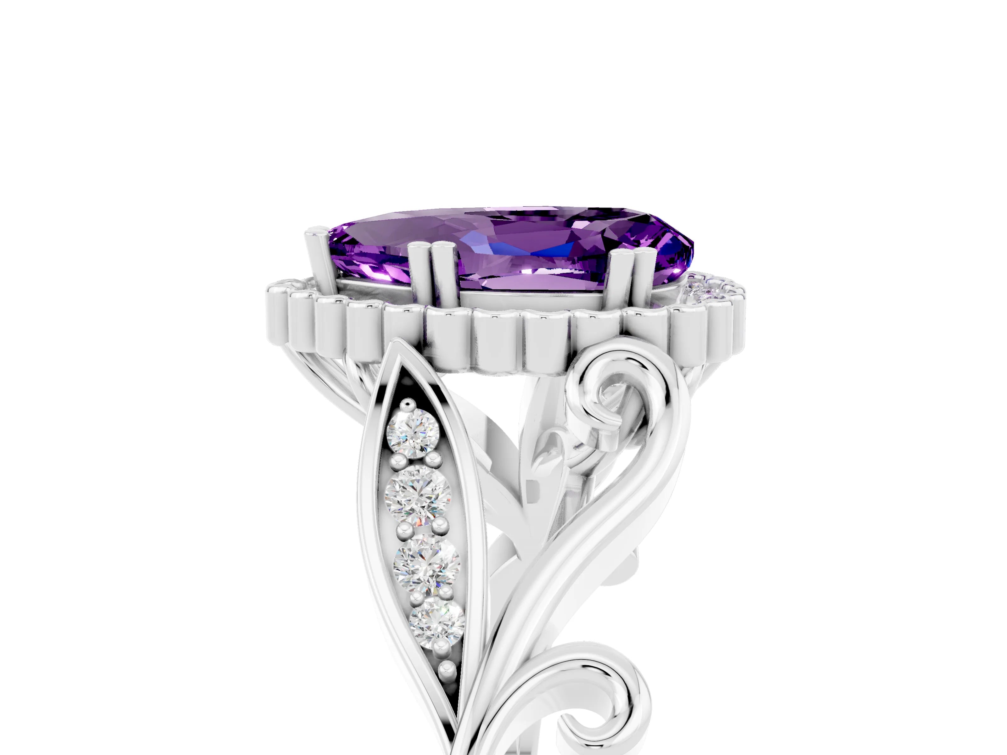White gold Pear Cut Amethyst Halo Ring with Vintage Split Shank and Four-Prong Setting_5