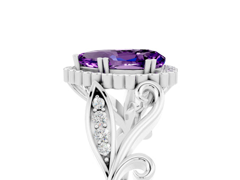 White gold Pear Cut Amethyst Halo Ring with Vintage Split Shank and Four-Prong Setting_5