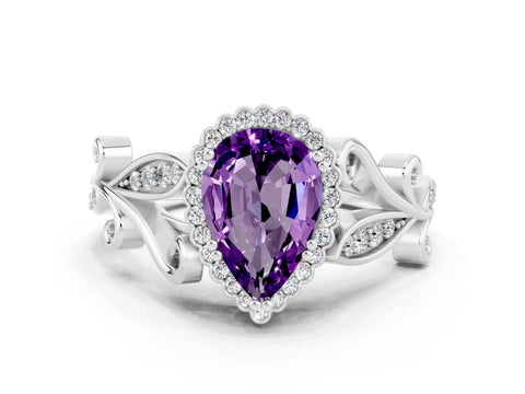 White gold Pear Cut Amethyst Halo Ring with Vintage Split Shank and Four-Prong Setting