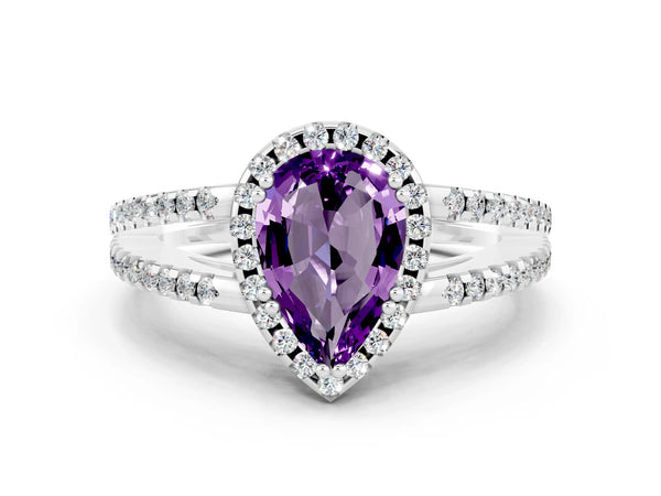 White gold Pear Cut Amethyst Halo Split Shank Engagement Ring