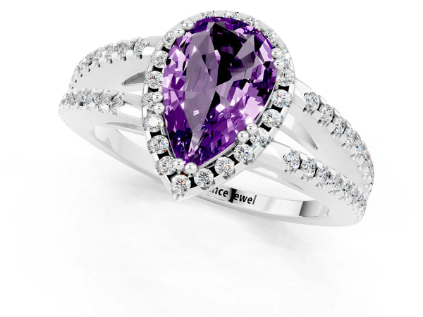 Platinum Pear Cut Amethyst Halo Split Shank Engagement Ring