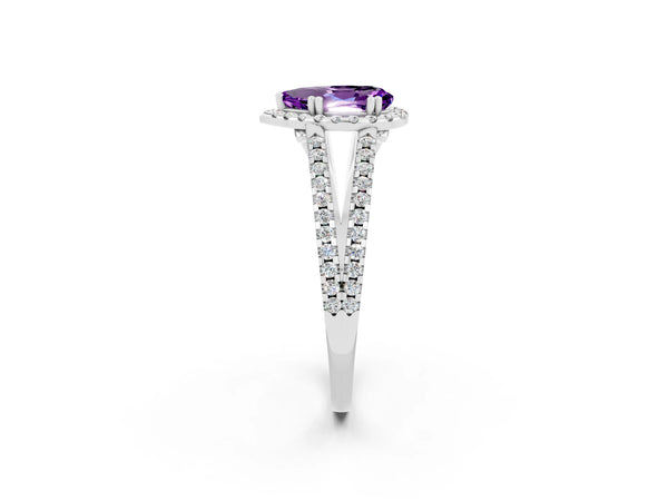 Silver Pear Cut Amethyst Halo Split Shank Engagement Ring