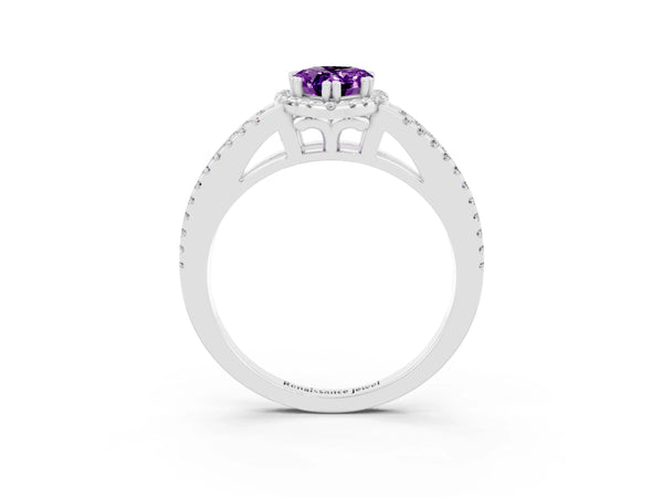 Platinum Pear Cut Amethyst Halo Split Shank Engagement Ring