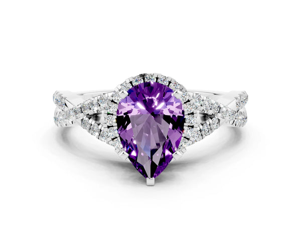 Platinum Pear Cut Amethyst  Halo Twist Band Solitaire Prong Setting Ring