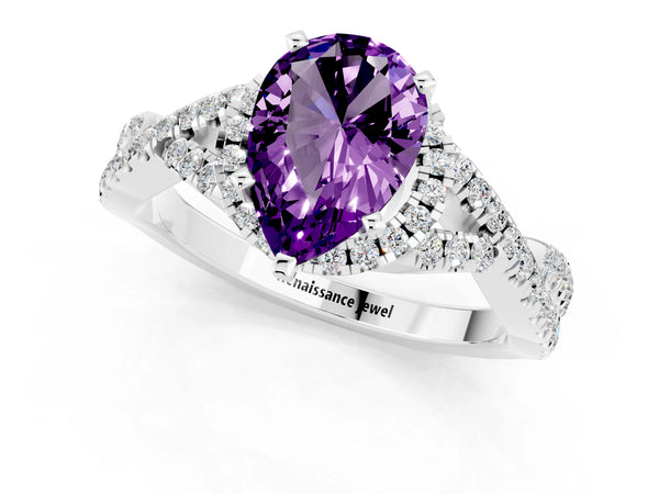 Platinum Pear Cut Amethyst  Halo Twist Band Solitaire Prong Setting Ring