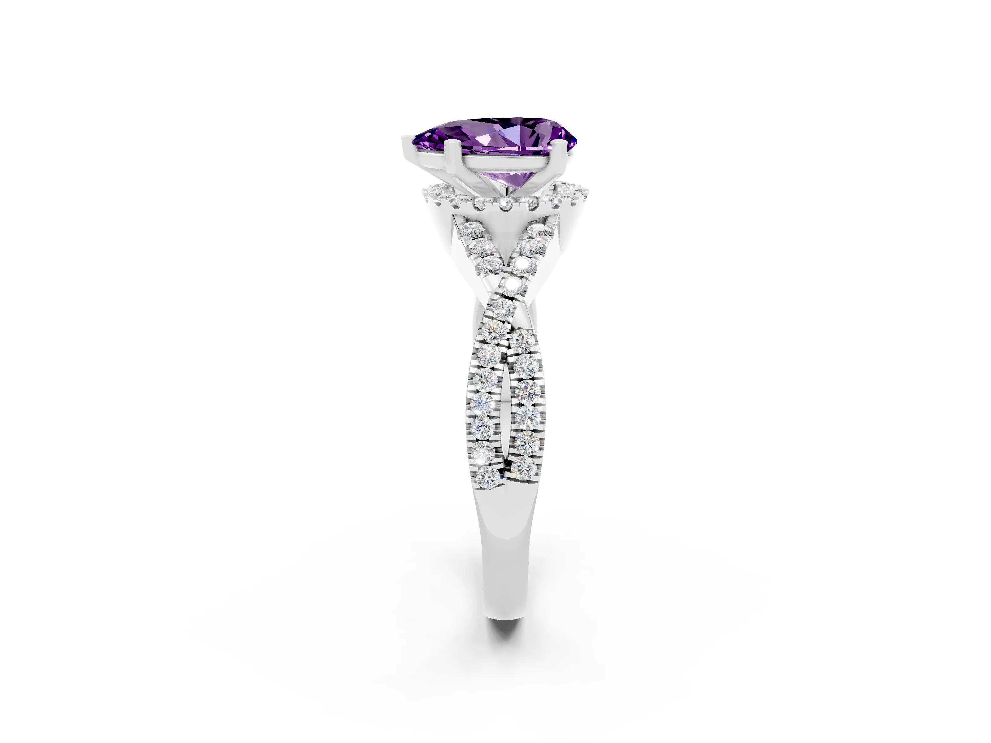 White gold Pear Cut Amethyst Halo Twist Band Solitaire Prong Setting Ring_2