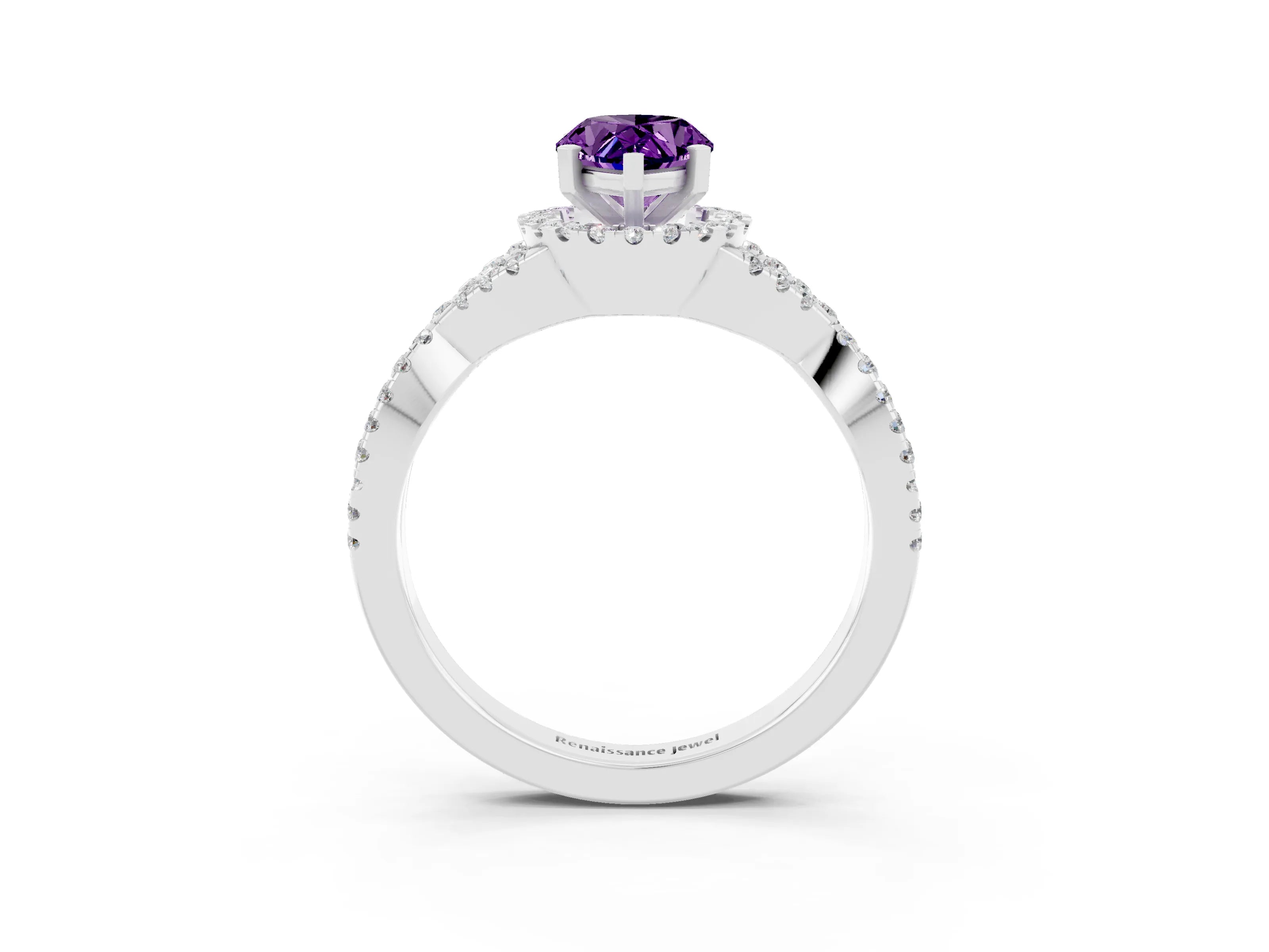 White gold Pear Cut Amethyst Halo Twist Band Solitaire Prong Setting Ring_3