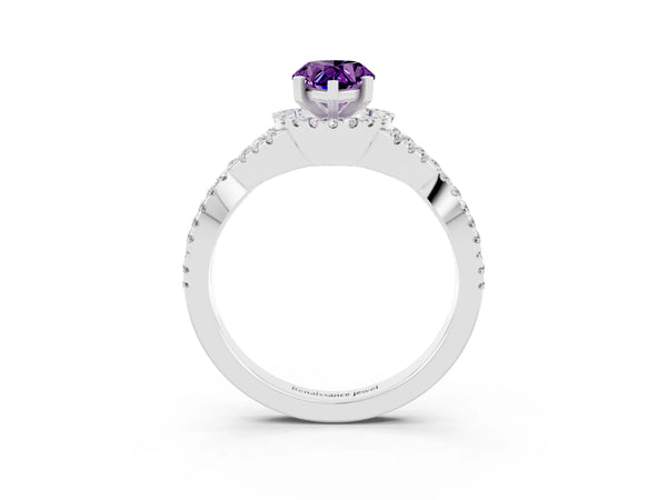 Silver Pear Cut Amethyst  Halo Twist Band Solitaire Prong Setting Ring