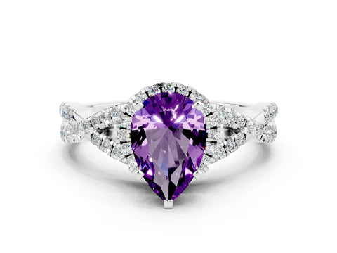 White gold Pear Cut Amethyst Halo Twist Band Solitaire Prong Setting Ring