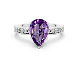 White gold Pear Cut Amethyst Milgrain Pavé Engagement Ring with Four-Prong Setting