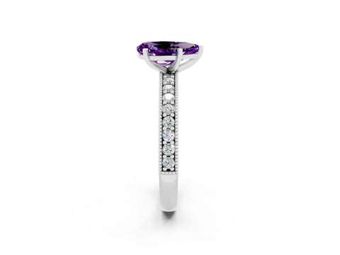 White gold Pear Cut Amethyst Milgrain Pavé Engagement Ring with Four-Prong Setting_2