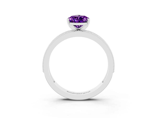 Platinum Pear Cut Amethyst Milgrain Pavé Engagement Ring with Four-Prong Setting