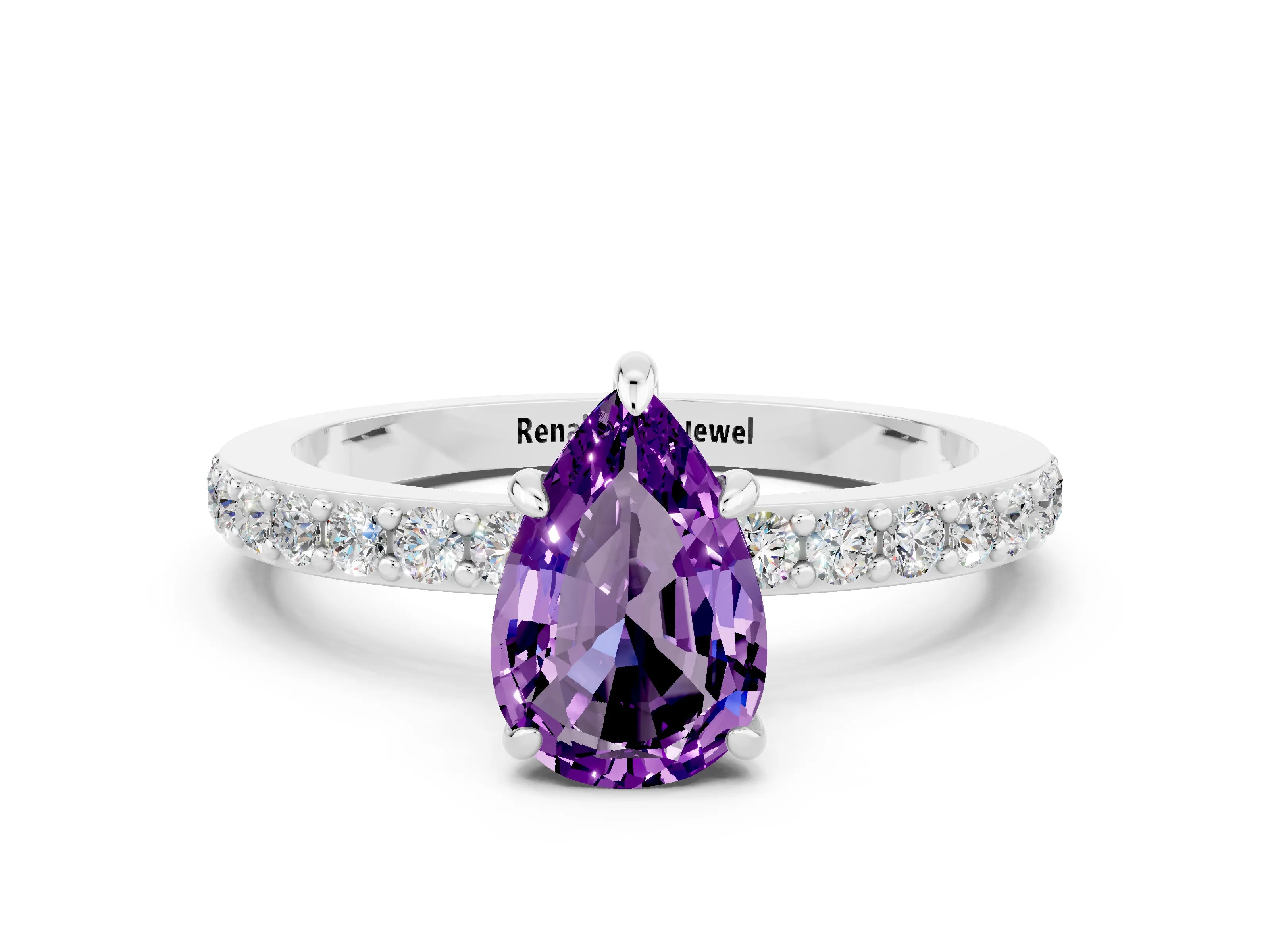 White gold Pear Cut Amethyst Pavé Engagement Ring with Round  Accents and Prong Setting_24