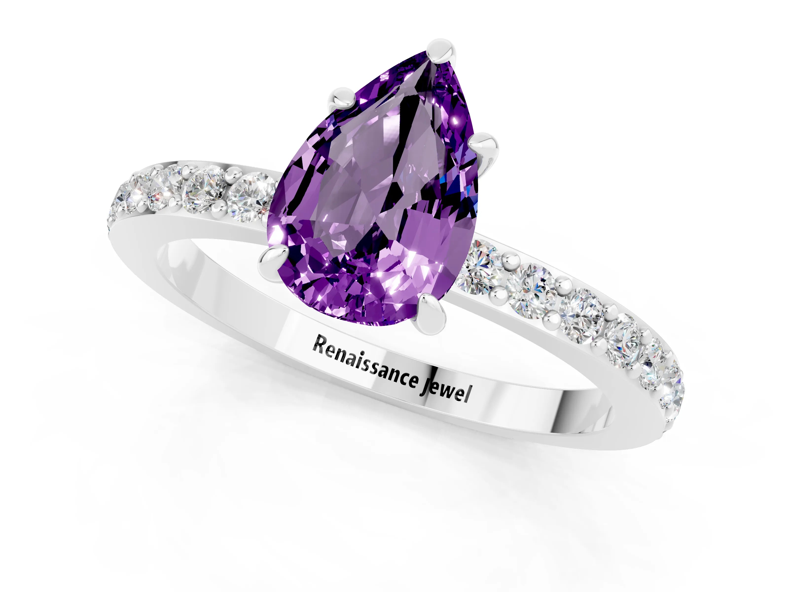 White gold Pear Cut Amethyst Pavé Engagement Ring with Round  Accents and Prong Setting_25
