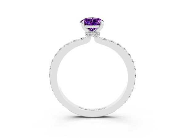 White gold Pear Cut Amethyst Pavé Engagement Ring with Round  Accents and Prong Setting