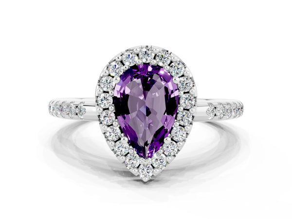 Platinum Pear Cut Amethyst Pavé Halo Ring with Four-Prong Setting