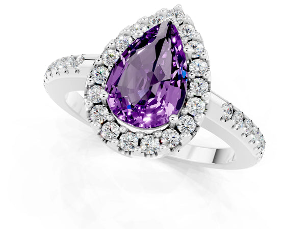 Silver Pear Cut Amethyst Pavé Halo Ring with Four-Prong Setting