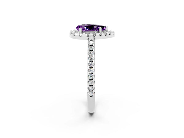 Platinum Pear Cut Amethyst Pavé Halo Ring with Four-Prong Setting