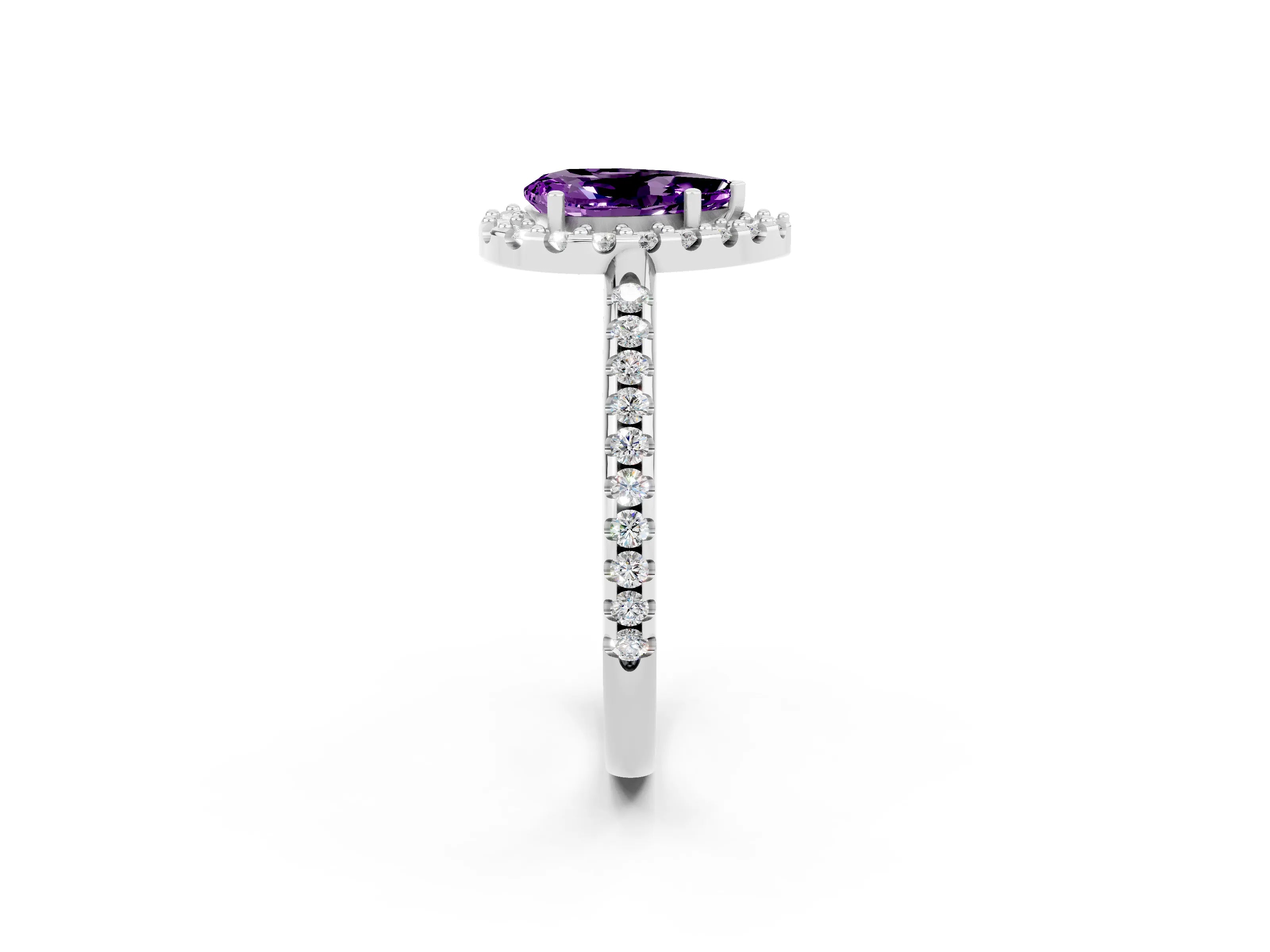White gold Pear Cut Amethyst Pavé Halo Ring with Four-Prong Setting_14