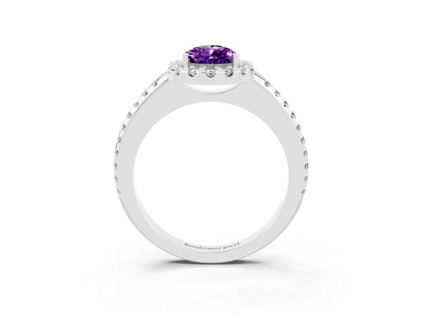 Platinum Pear Cut Amethyst Pavé Halo Ring with Four-Prong Setting