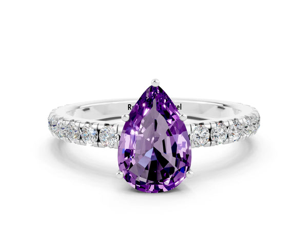 White gold Pear Cut Amethyst Pavé Solitaire Engagement Ring with Four-Prong Setting