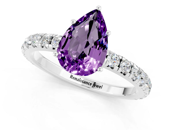 White gold Pear Cut Amethyst Pavé Solitaire Engagement Ring with Four-Prong Setting