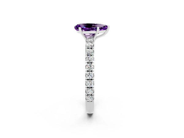 Platinum Pear Cut Amethyst Pavé Solitaire Engagement Ring with Four-Prong Setting