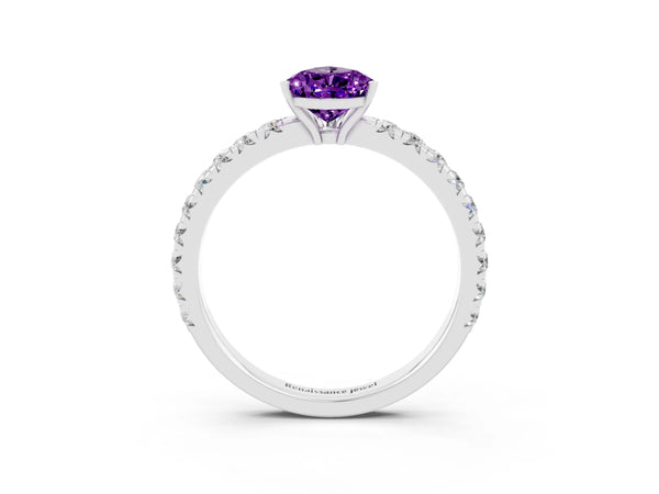 White gold Pear Cut Amethyst Pavé Solitaire Engagement Ring with Four-Prong Setting