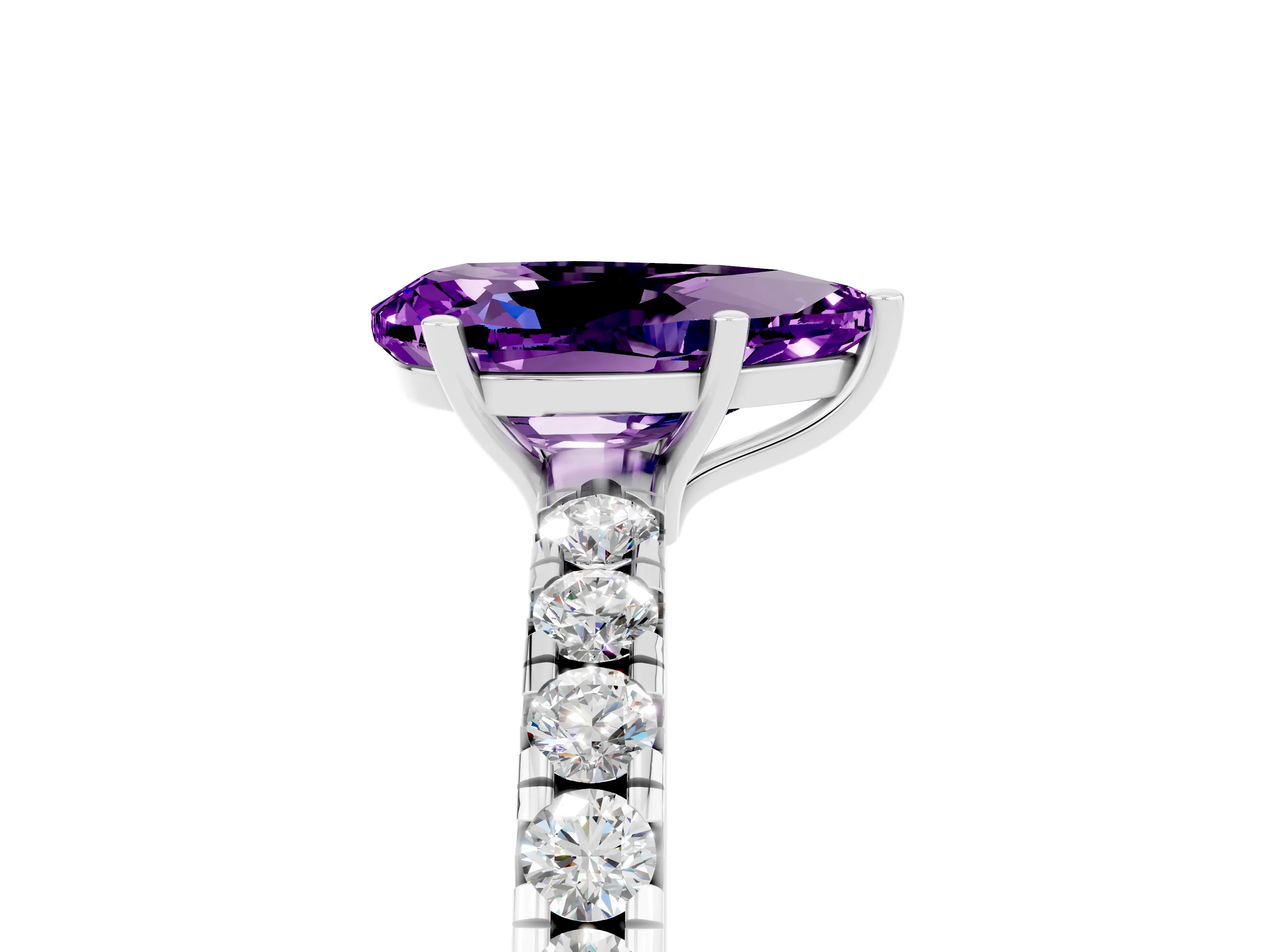 White gold Pear Cut Amethyst Pavé Solitaire Engagement Ring with Four-Prong Setting_17