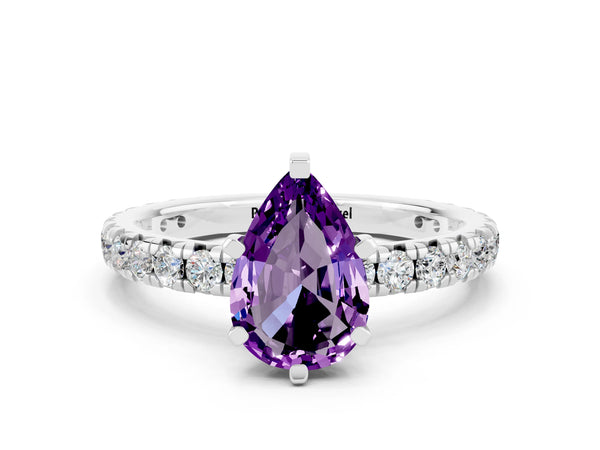 Platinum Pear Cut Amethyst Pavé Solitaire Ring with Round Band and Prong Setting