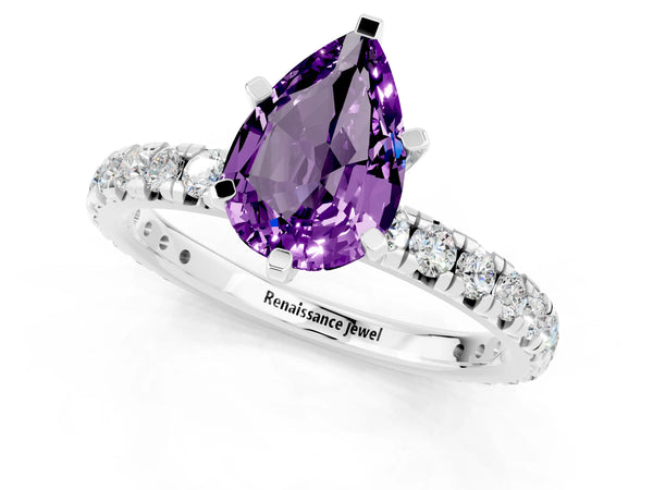 Platinum Pear Cut Amethyst Pavé Solitaire Ring with Round Band and Prong Setting
