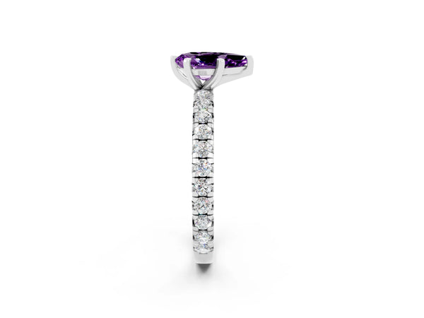 Platinum Pear Cut Amethyst Pavé Solitaire Ring with Round Band and Prong Setting