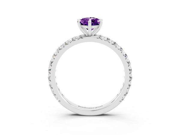 Silver Pear Cut Amethyst Pavé Solitaire Ring with Round Band and Prong Setting