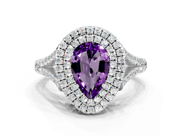 Platinum Pear Cut Amethyst Pavé Split Shank Double Halo Engagement Ring