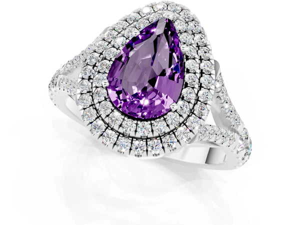 White gold Pear Cut Amethyst Pavé Split Shank Double Halo Engagement Ring