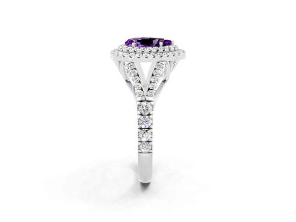 Platinum Pear Cut Amethyst Pavé Split Shank Double Halo Engagement Ring